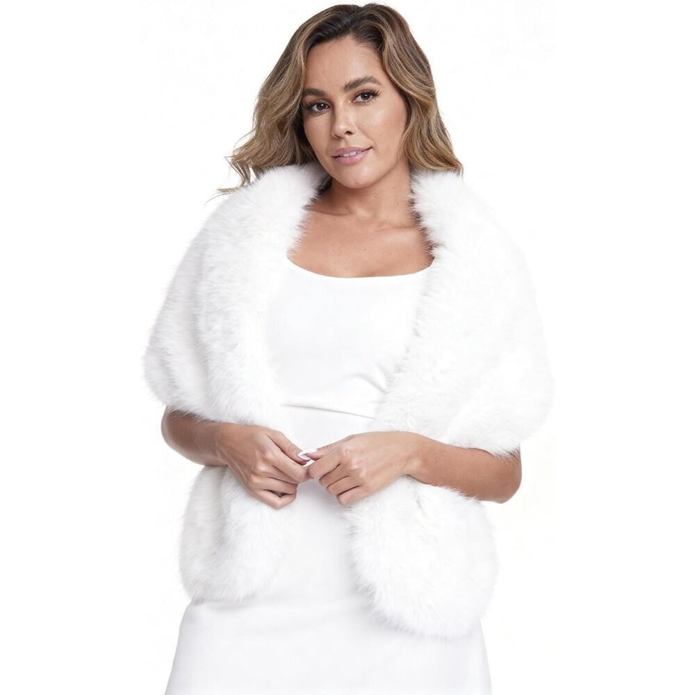 Women' White Faux Fur Winter Warm Wedding Neck Warmer Shawl Collar Scarf Stole